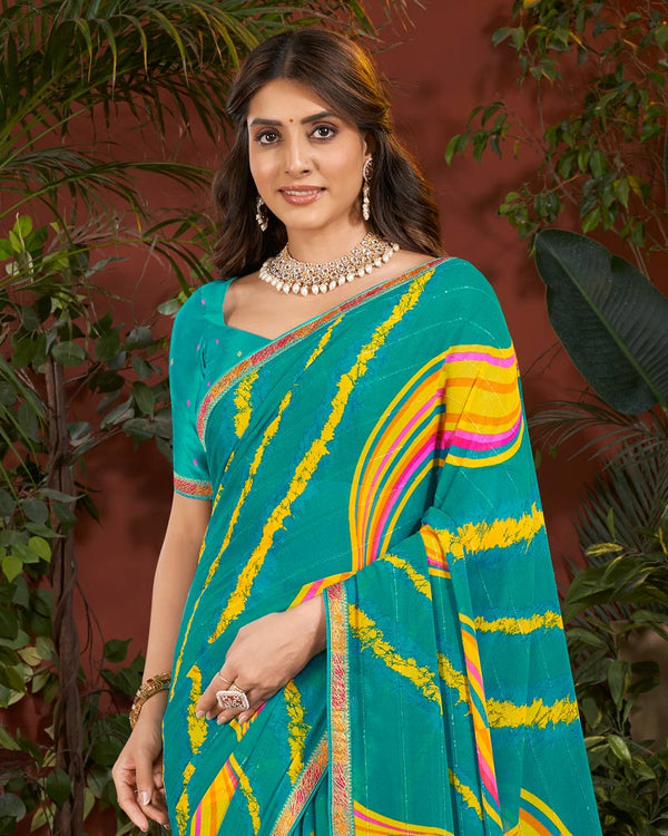 Vishal Prints Teal Green Printed Patterned Georgette Saree With Fancy Border