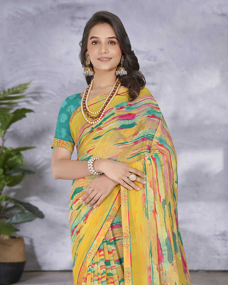 Vishal Prints Light Mustard Digital Print Georgette Saree With Fancy Border