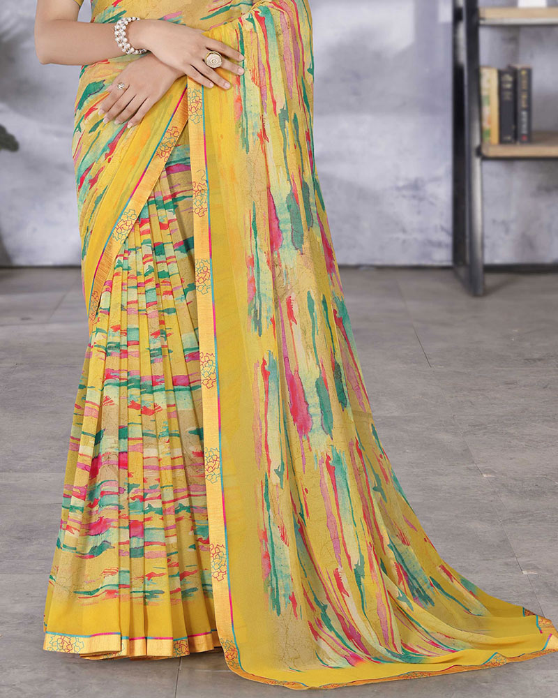 Vishal Prints Light Mustard Digital Print Georgette Saree With Fancy Border