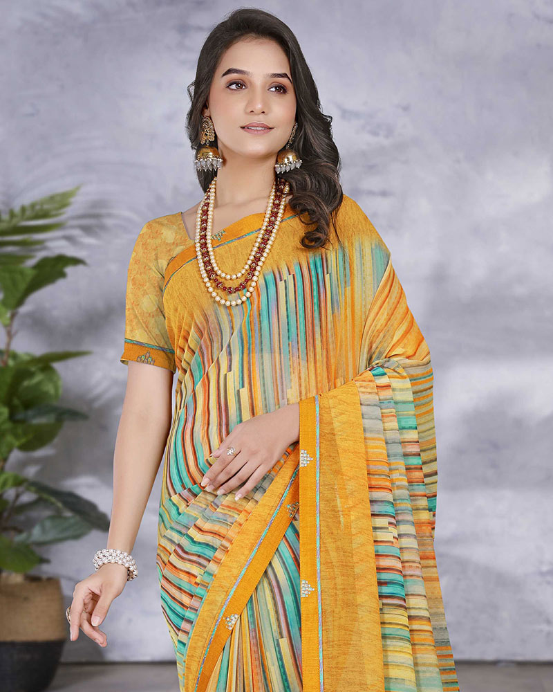 Vishal Prints Yellowish Orange Digital Print Georgette Saree With Fancy Border