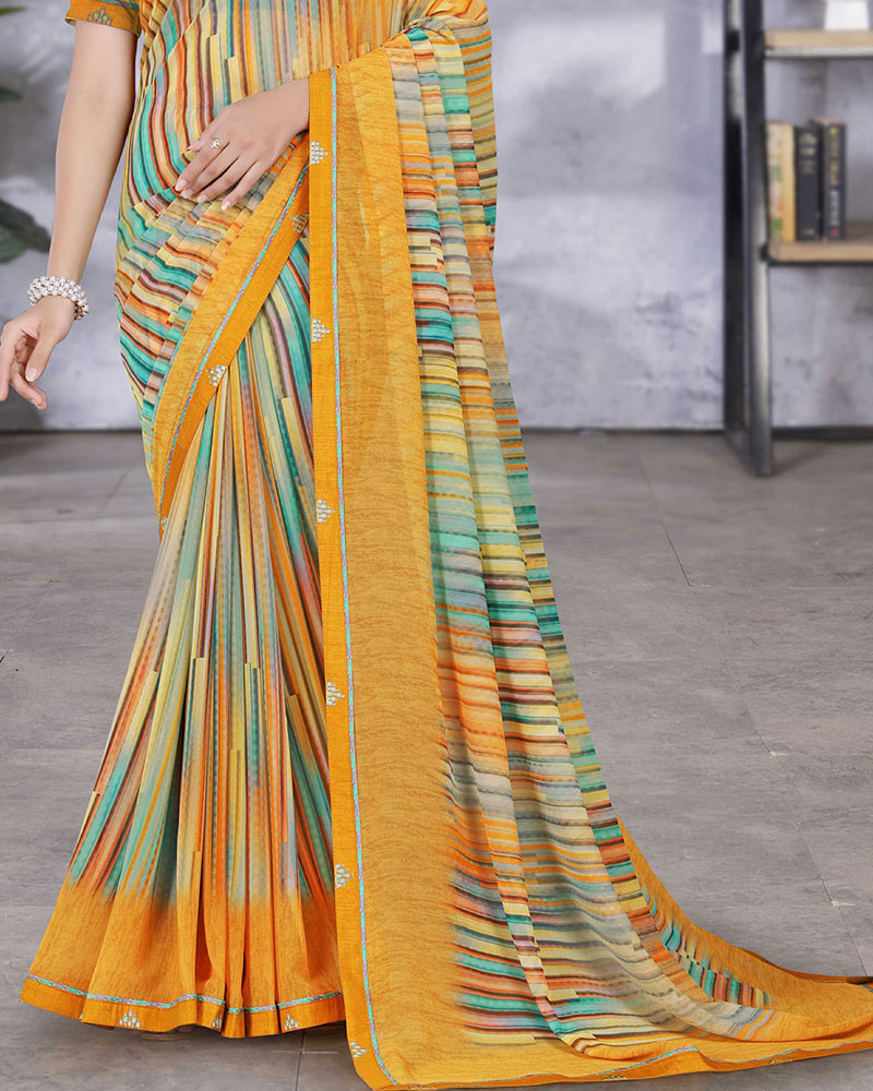 Vishal Prints Yellowish Orange Digital Print Georgette Saree With Fancy Border