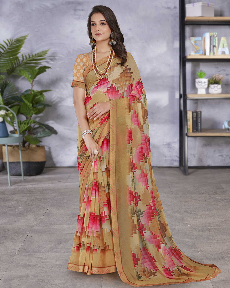 Vishal Prints Sand Brown Digital Print Georgette Saree With Fancy Border