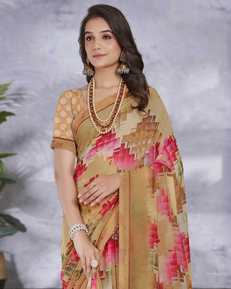 Vishal Prints Sand Brown Digital Print Georgette Saree With Fancy Border