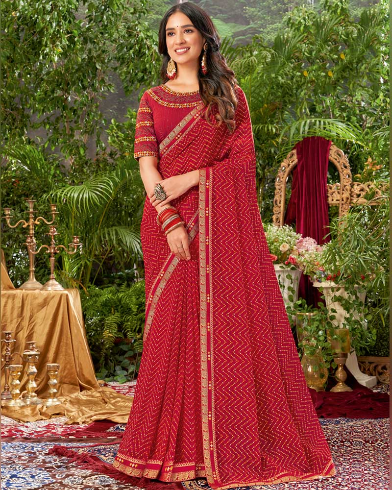 Vishal Prints Dark Red Bandhani Print Georgette Saree With Fancy Border