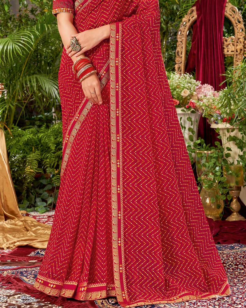 Vishal Prints Dark Red Bandhani Print Georgette Saree With Fancy Border