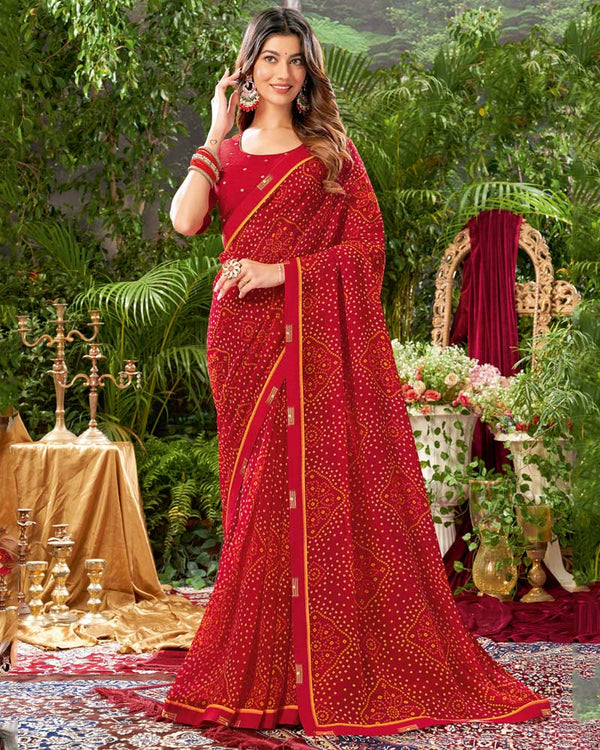 Vishal Prints Cherry Red Bandhani Print Georgette Saree With Fancy Border