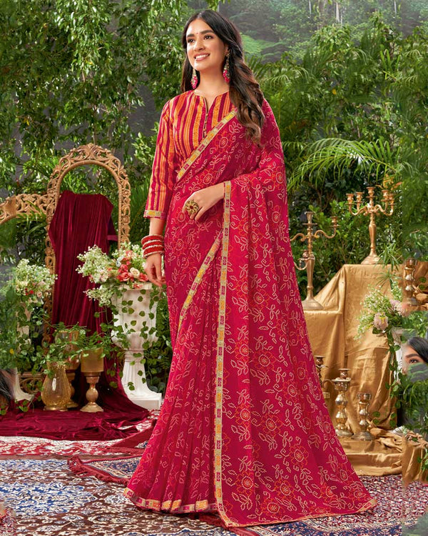 Vishal Prints Cherry Red Bandhani Print Georgette Saree With Fancy Border