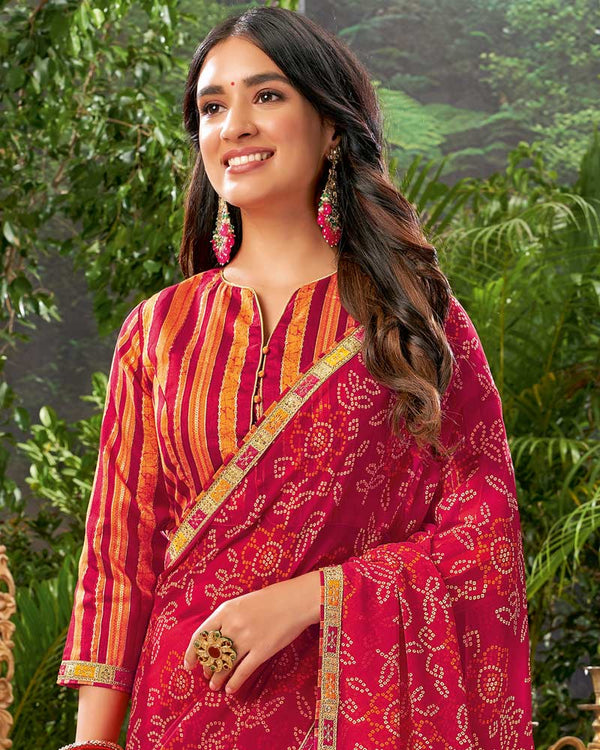 Vishal Prints Cherry Red Bandhani Print Georgette Saree With Fancy Border