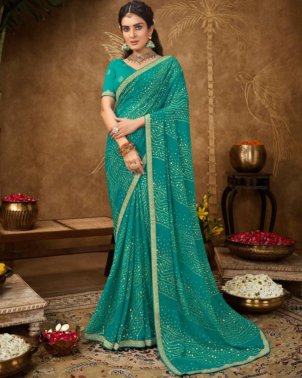 Vishal Prints Teal Green Printed Georgette Bandhani Print Saree With Foil Print And Fancy Border