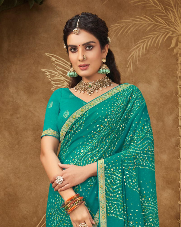 Vishal Prints Teal Green Printed Georgette Bandhani Print Saree With Foil Print And Fancy Border