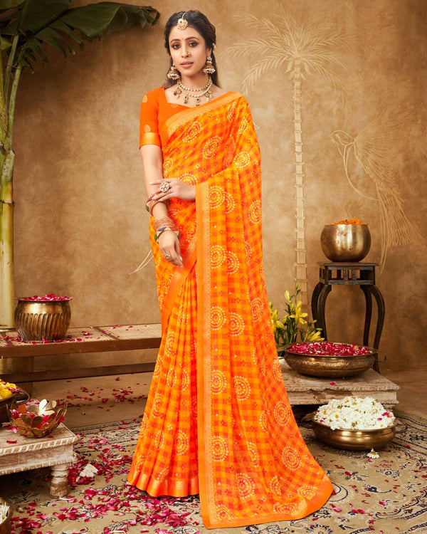 Vishal Prints Orange Printed Georgette Bandhani Print Saree With Fancy Border