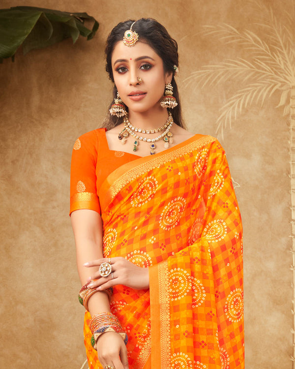 Vishal Prints Orange Printed Georgette Bandhani Print Saree With Fancy Border