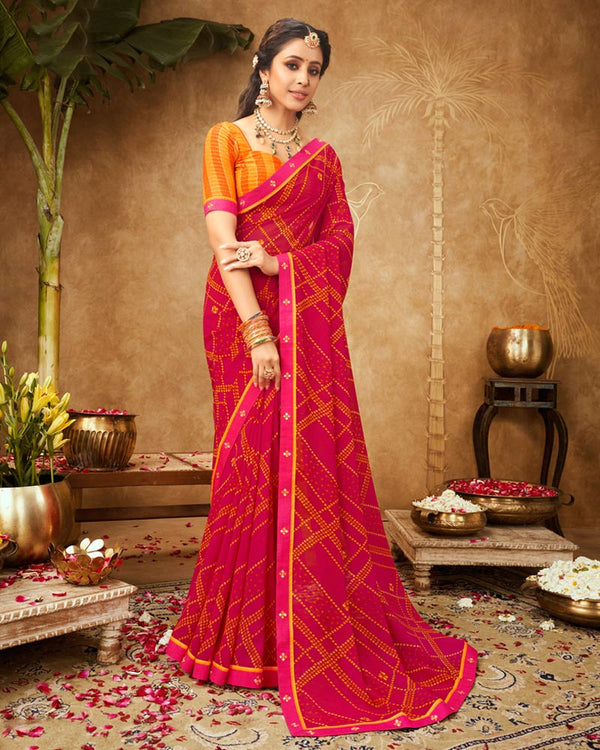 Vishal Prints Monza Pink Printed Georgette Bandhani Print Saree With Fancy Border