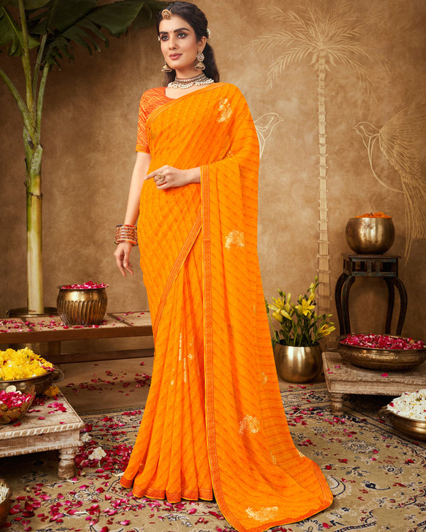 Vishal Prints Saffron Color Printed Georgette Bandhani Print Saree With Foil Print And Fancy Border