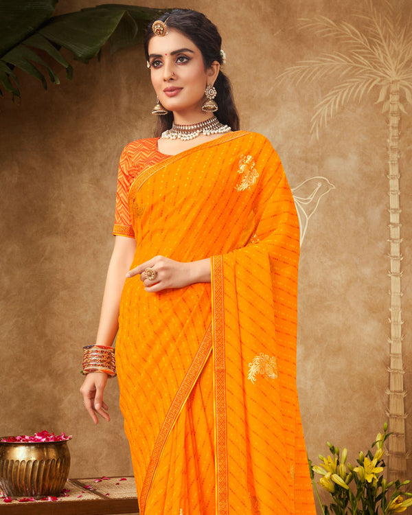 Vishal Prints Saffron Color Printed Georgette Bandhani Print Saree With Foil Print And Fancy Border