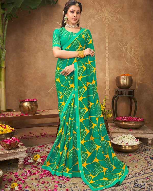 Vishal Prints Dark Mint Green Printed Georgette Bandhani Print Saree With Fancy Border