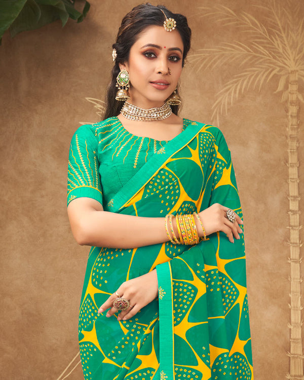 Vishal Prints Dark Mint Green Printed Georgette Bandhani Print Saree With Fancy Border