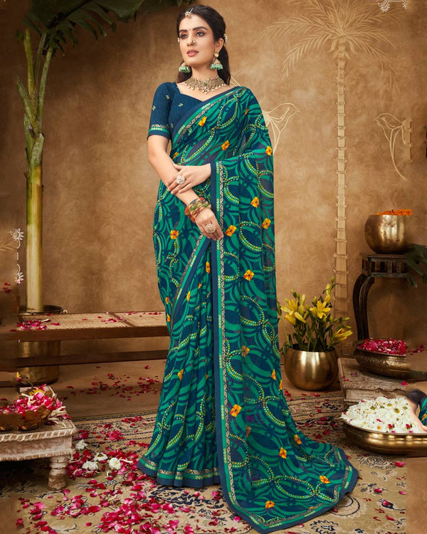 Vishal Prints Peacock Blue Printed Georgette Bandhani Print Saree With Fancy Border