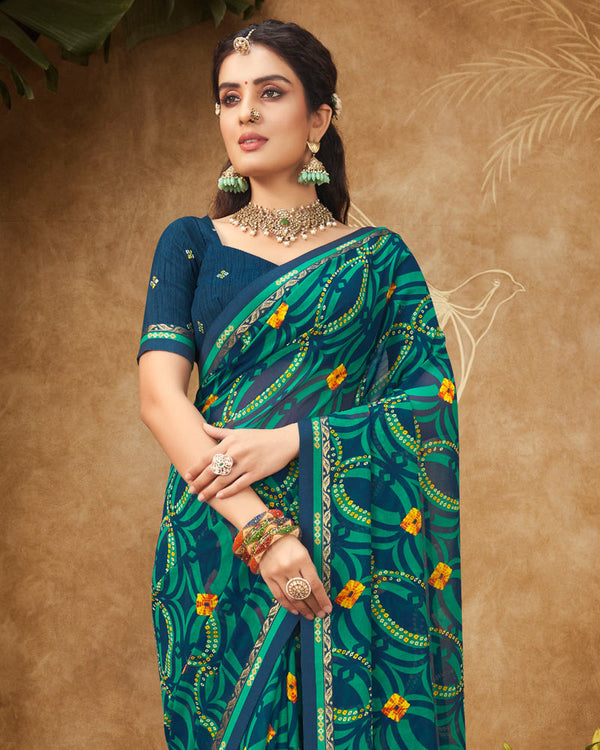 Vishal Prints Peacock Blue Printed Georgette Bandhani Print Saree With Fancy Border