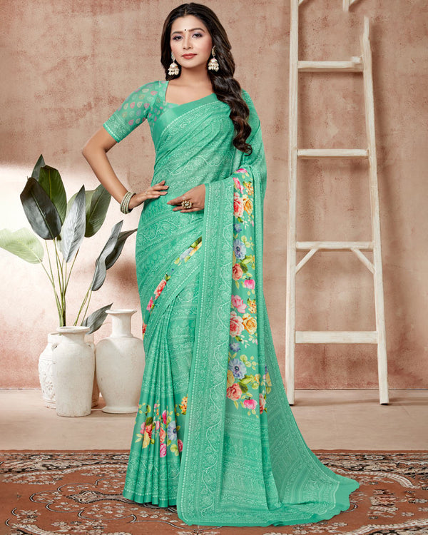 Vishal Prints Turquoise Digital Print Criva Crepe Saree