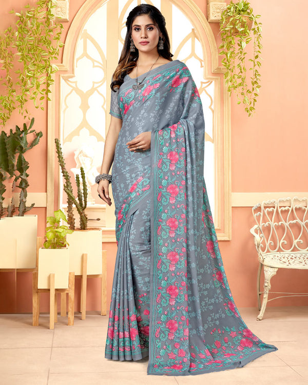 Vishal Prints Cool Grey Digital Print Criva Crepe Saree