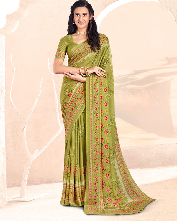 Vishal Prints Mehandi Green Digital Print Criva Crepe Saree