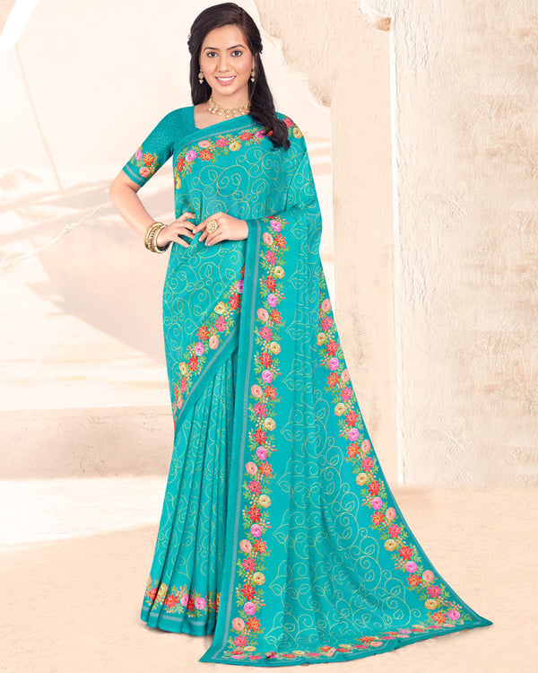 Vishal Prints Dark Turquoise Blue Digital Print Criva Crepe Saree