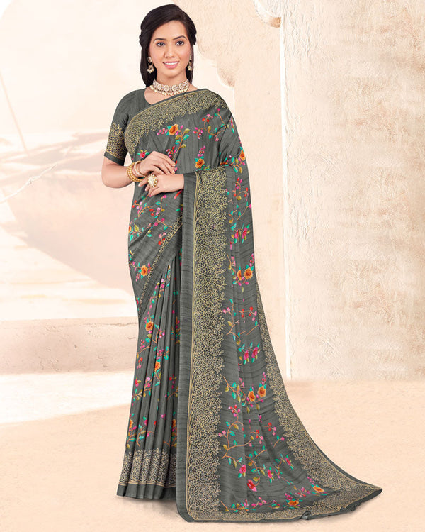 Vishal Prints Dark Grey Digital Print Criva Crepe Saree