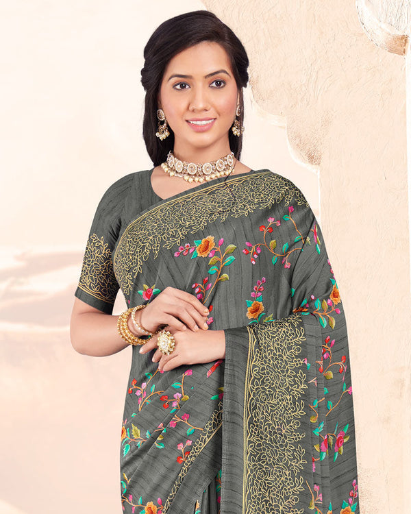 Vishal Prints Dark Grey Digital Print Criva Crepe Saree