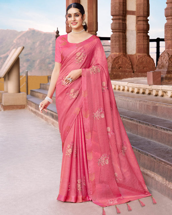 Vishal Prints Cherry Pink Designer Chiffon Saree With Embroidery Diamond Work And Weaved Satin Patta