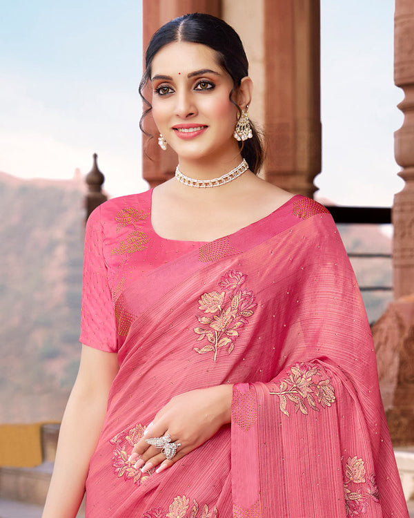 Vishal Prints Cherry Pink Designer Chiffon Saree With Embroidery Diamond Work And Weaved Satin Patta