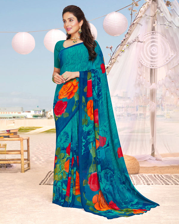 Vishal Prints Teal Blue Printed Georgette Saree