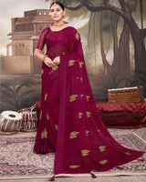 Vishal Prints Wine Chiffon Saree With Embroidery Work And Latkan