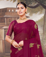 Vishal Prints Wine Chiffon Saree With Embroidery Work And Latkan