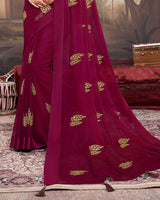 Vishal Prints Wine Chiffon Saree With Embroidery Work And Latkan