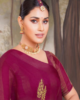 Vishal Prints Wine Chiffon Saree With Embroidery Work And Latkan