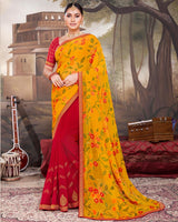 Vishal Prints Golden Yellow Chiffon Saree With Embroidery Work And Fancy Border