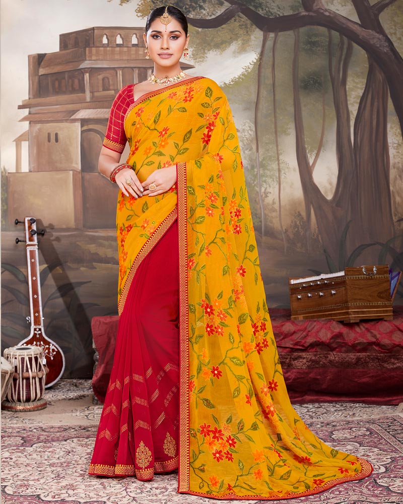 Vishal Prints Golden Yellow Chiffon Saree With Embroidery Work And Fancy Border