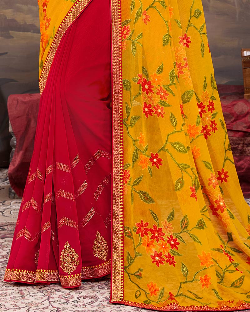 Vishal Prints Golden Yellow Chiffon Saree With Embroidery Work And Fancy Border