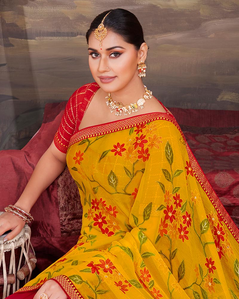 Vishal Prints Golden Yellow Chiffon Saree With Embroidery Work And Fancy Border