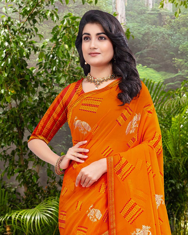 Vishal Prints Dark Orange Printed Georgette Saree With Foil Print And Zari Border