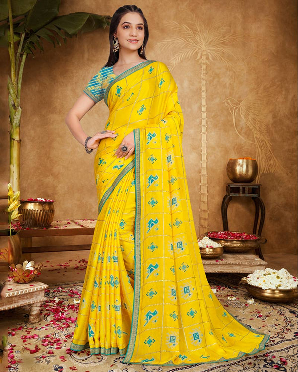 Vishal Prints Dark Yellow Printed Chiffon Saree With Foil Print And Zari Border