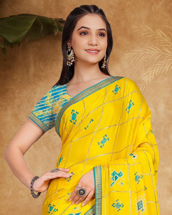 Vishal Prints Dark Yellow Printed Chiffon Saree With Foil Print And Zari Border