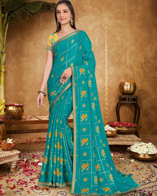 Vishal Prints Dark Turquoise Blue Printed Chiffon Saree With Foil Print And Zari Border