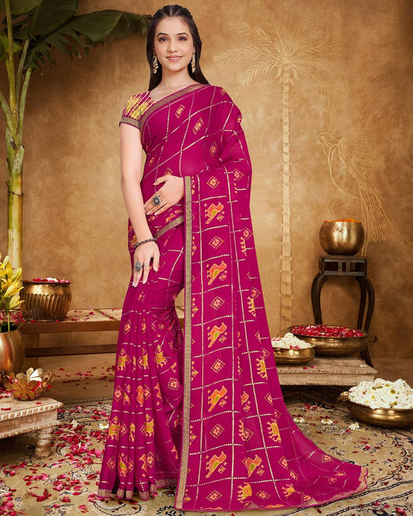 Vishal Prints Lipstick Pink Printed Chiffon Saree With Foil Print And Zari Border