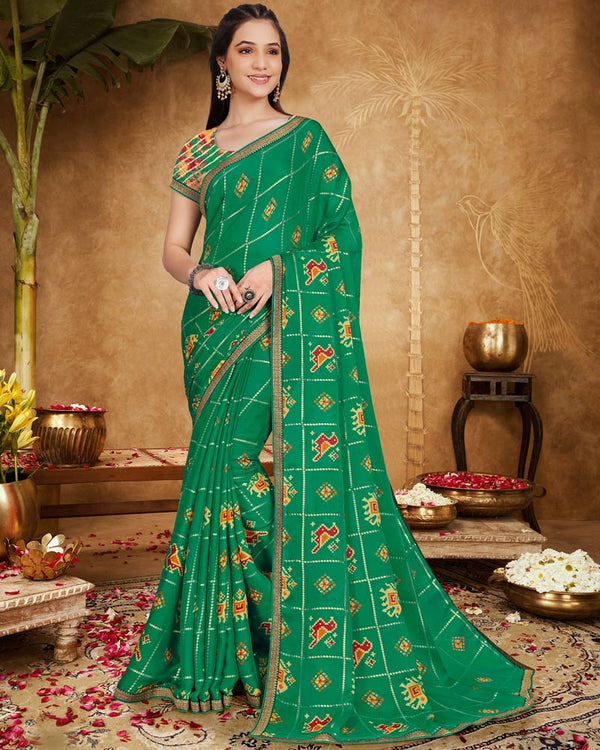 Vishal Prints Jade Green Printed Chiffon Saree With Foil Print And Zari Border