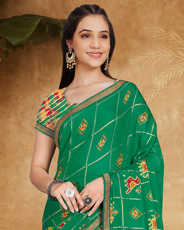 Vishal Prints Jade Green Printed Chiffon Saree With Foil Print And Zari Border