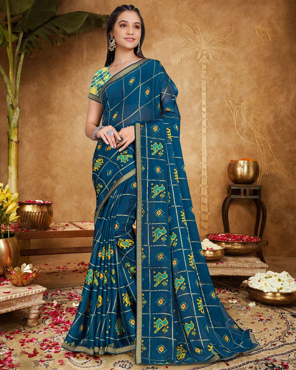 Vishal Prints Peacock Blue Printed Chiffon Saree With Foil Print And Zari Border