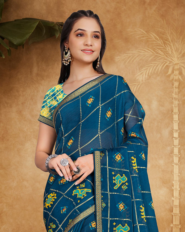 Vishal Prints Peacock Blue Printed Chiffon Saree With Foil Print And Zari Border