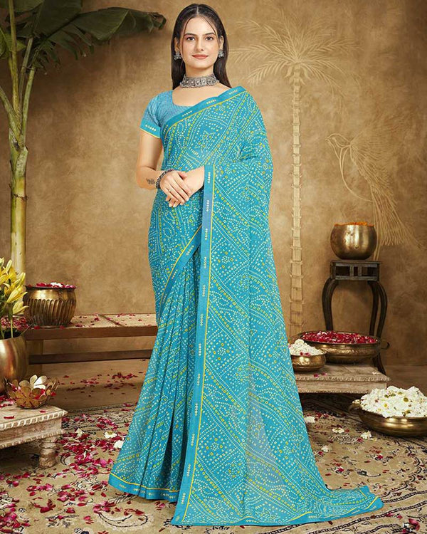 Vishal Prints Cerulean Blue Printed Georgette Bandhani Print Saree With Fancy Border